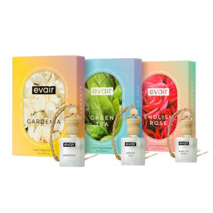 Evair Combo Pack of Car Air Freshener with Essential Oils Fragrances Gardenia, Green Tea & English Rose in Glass Bottle with Wooden Diffuser Lid | Each 10 ml- Pack of 3