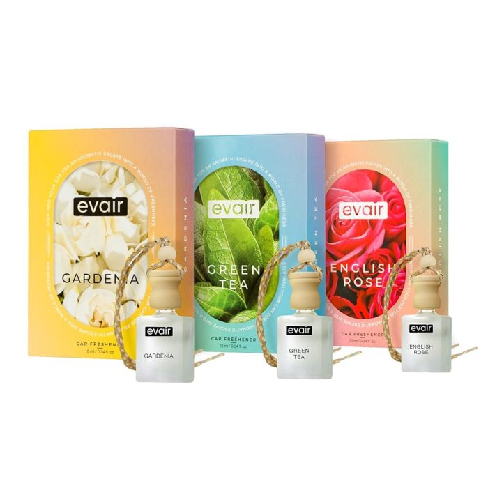Evair Combo Pack of Car Air Freshener with Essential Oils Fragrances Gardenia, Green Tea & English Rose in Glass Bottle with Wooden Diffuser Lid | Each 10 ml- Pack of 3