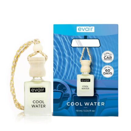 Evair Cool Water Car Air Freshener, Car Aroma with Essential Oils, Hanging Perfume for Car in Glass Bottle with Wooden Diffuser Lid (10ml, Pack -1)