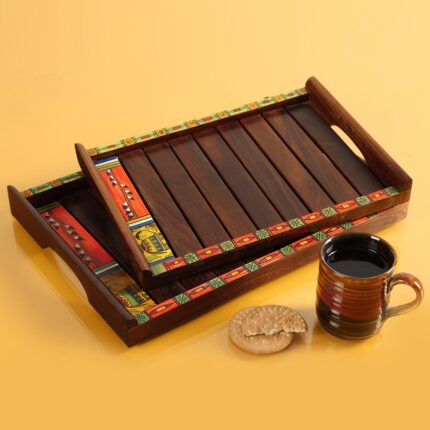 ExclusiveLane 'Madhubani Handpainted' Decorative Wooden Tray Set for Snacks Storage (Sheesham Wood, Set of 2) |Breakfast Tray for Serving Tray Set for Serving Tea Trays for...