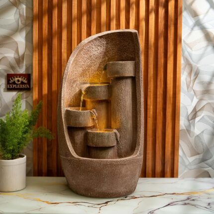 EXPLEASIA Modern Bowl Water Fountain with Bamboo Finish, 4-Tier, Beige, 12.20 x 9.8 x 23.6 inch