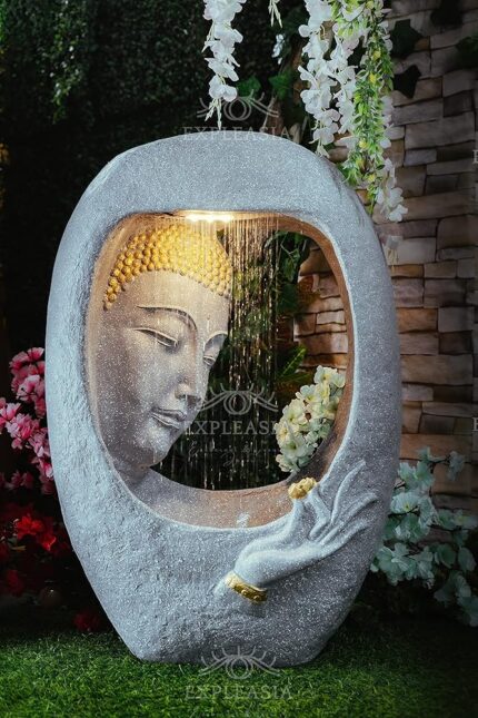 EXPLEASIA Rock Carved Buddha face Shower Water Fountain for Home, Indoor Water Fountain Big Size, Water Fountain for Garden, Water Fountain for Home vastu, Buddha Fountain 3...