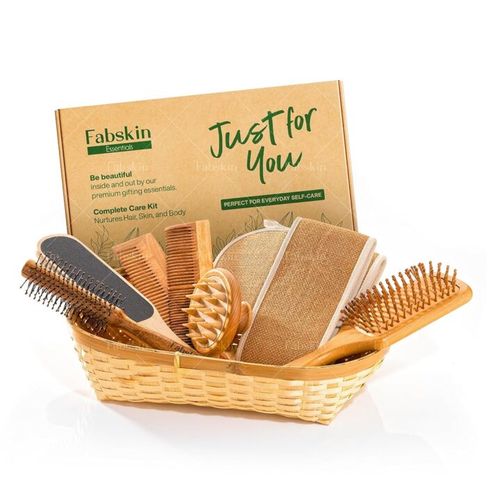 Fabskin Gift Set For Women & Men | Luxury Bath and Body Care Gift Item Set Box | Wooden Round Hair Brush, Paddle Brush, Foot Scrubber, Neem Wooden Combs, Jute Bath Scrubber,...