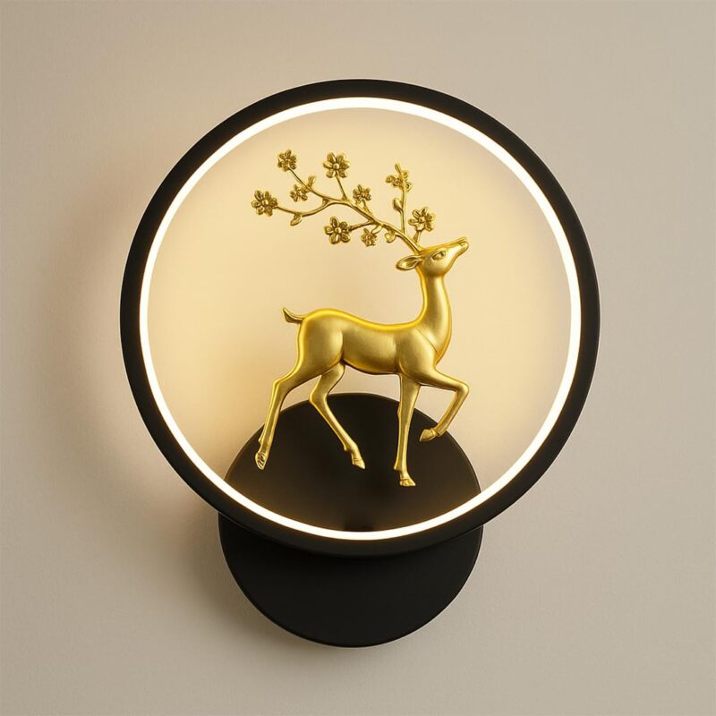 fizzytech Round LED Wall Light with Golden Deer Decor – 4 Color Modes, Creative Flush Mount Wall Lamp for Bedroom, Living Room, Hallway & Interior Décor | Energy-Efficient Wall...