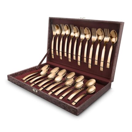 FnS Allie 24 pcs Stainless Steel Rose Gold Cutlery Set with Leatherette Box (6 Dinner Spoon, 6 Dinner Forks, 6 Teaspoon, 6 Baby Spoons)