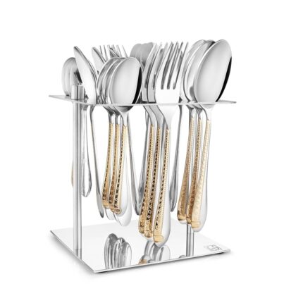 FnS Tivoli 24 Pcs Gold Plated Cutlery Set with Hanging Stand (6 Dinner Spoon, 6 Dinner Fork, 6 Teaspoon, 6 Baby Spoon & 1 Stand)
