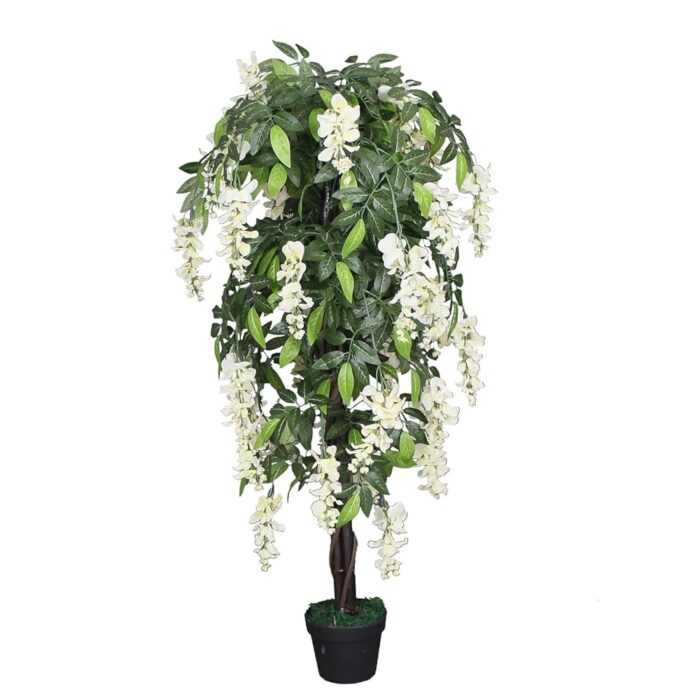 FOX & FERN Artificial Wisteria Plant 120CM with Pot | Real Touch Elegant Flowering Tree | Add Beauty to Home, Office, Party, Event Decor | (GAJW2756W) White