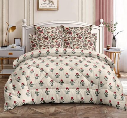 Furnistitchs Premium Glace Cotton Duvet Cover/Comforter/Rajai/Blanket/Quilt Cover King Size 90"x100" inches - (90 x 100 inches with 2 Pillow Covers, Cream Jaipuri)