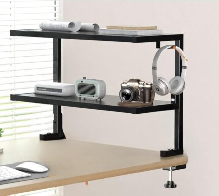 Geo Fashion 2 Tier Desk Shelf Clamp-On Above or Under - 22 inch Clamp Desktop Shelf, Over or Under Table Desk Organizer for Office Accessories, Gaming Devices, Black(Tool Free...