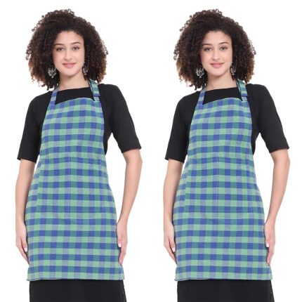 GLUN® Green & Blue Apron, Checkered Design Unisex Kitchen Aprons, Pack of 2, Waterproof Back with 2 Centre Pocket & Adjustable Neck Strap