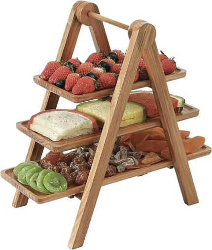 Hamdan Collectionfarmhouse, Kitchen, Picnic Nesting Rectangular Tray- Wooden Three Tiered Serving Tray with Collapsible Stand for Fruit Platter-Natural