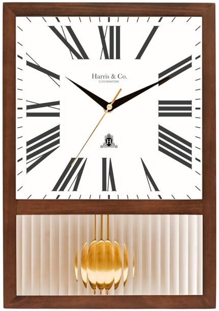 HARRIS & CO. CLOCKMASTERS Wooden Luxury Pendulum Wall Clock and Table/Mantel Clock with Elegant Ribbed Glass and Roman Dial,Silent Sweep Noiseless Technology 11 x 15 Inch, Model...