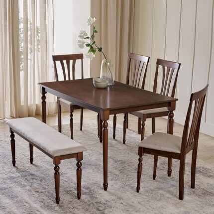 Home Centre Helios Franklin Solid Wood 6-Seater Dining Set with Chairs and Bench - Walnut