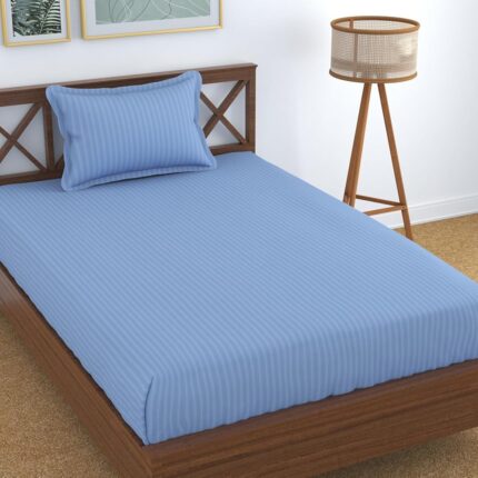 Homefab India 160 TC Stripe Glace Cotton Single BedSheet with 1 Pillow Cover - Sky Blue