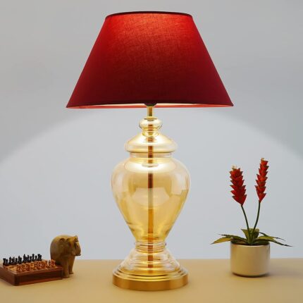 KAPOOR E-ILLUMINATIONS Syracuse Amber Glass Table Lamp with Maroon Cotton Shade I Lamps for Bedroom, Bedside, Living Room, Hotel, Study Room I Home Decoration, Home Decor (LED...