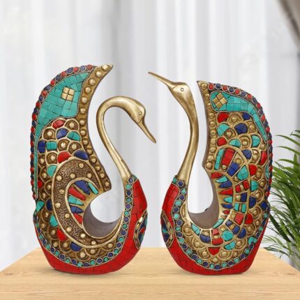 Kartique Brass Swan Idol for Home Decor in Multicolor Height 9.5 Inch 2 Pieces