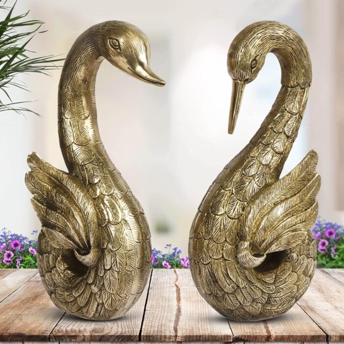 Kartique Brass Swan Pair Statue Vastu Decorative Home Interior Decor Item Feng Shui Love Couple Handicraft Animal Figure Gift Items Gold Color Height-9.5 Inches Weight 4.5 KG