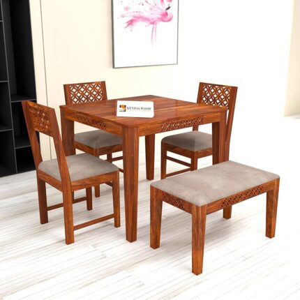 KENDALWOOD™ Furniture Sheesham Wood CNC Cuting Dining Table with 3 Chairs with 1 Bench | 4 Seater Dining Set- Dining Room Furniture Finish Color :- Honey Finish with Cream Cushions