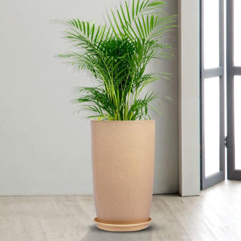 Kuber Industries Flower Pot with Plate | 18 Inch Lightweight Polymers Indoor-Outdoor Plant Pots | Flower Pot Gamla for Home-Office & Garden | Planter for Living Room | Beige