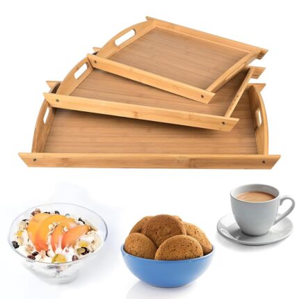 Kuber Industries Set of 3 Multipurpose Bamboo Wooden Serving Trays with Handles for Breakfast, Coffee Table, Restaurant & Office Organizer | Large Medium And Small Nesting Trays...