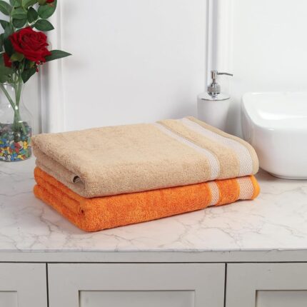 MAFATLAL 550 GSM Towels for Bath – Pack of 2 Large Size (70x140 cms) Towel for Men & Women, Daffodil Series (ORN/Beige)