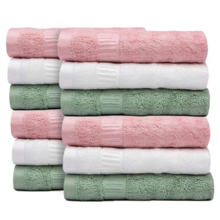 Mush Bamboo Face Towel Set | 550 GSM| Soft Absorbent Small Towels for Face and Hand | Anti Microbial Face Towel for Women and Men | Set of 12 - Green, Pink, White