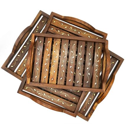 Naayaab Craft Sheesham Wooden Serving Trays with Handle, Set of 3 Large, Medium and Small Nesting Multipurpose Trays, Light & Sturdy Wood - (Small :-25*17.5 , Medium:-...