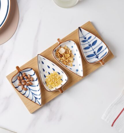 Nestasia Ceramic Serving Platter | 4 Small Leaf-Shaped Plates with 1 Wooden Tray | Perfect for Serving Sweets, Cookies, Dry Fruits, Mouth Freshner & Snacks (Blue & White)