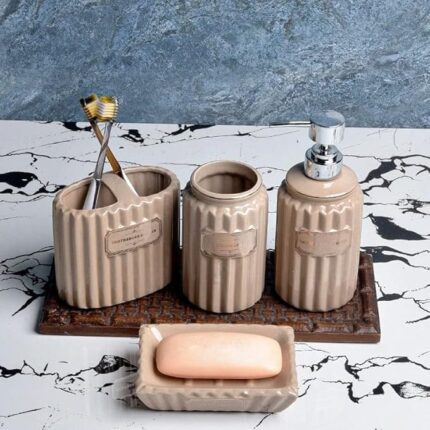 NICO Ceramic Bathroom Accessories Set of 4, Elegant Ceramic Bath Set with Handwash/ Lotion Dispenser, Tumbler, Soap Dish and Toothbrush Holder, Bathroom Accessory Set Gift Items...