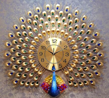 NSXEEN Luxury Vintage Peacock Wall Clock Large 70X65 CM Fancy Modern Art | Decorative Wall Clocks for Living Room Non-Ticking Silent-10 Metal Dial (Peacock-Royal Gold)-Analog