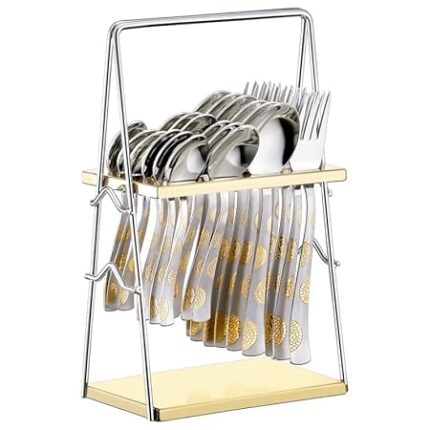 Parage 25 Pieces 24k Golden Stainless Steel Cutlery Set with Stand for Home & Kitchen(6 Pcs Each Table Spoons, Forks, Dinner Spoons, Tea Spoons, 1 Pc Cutlery Stand) 24 Karat...