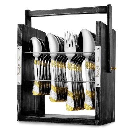 Parage 25 Pieces Stainless Steel Imperial Cutlery Set with Wooden Hanging Stand for Dining Table (Contains: 6 Tea Spoons, 6 Table Spoons, 6 Table Forks, 6 Dinner Spoon), 24k...