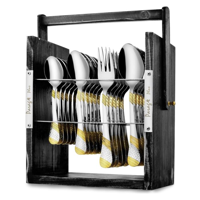 Parage 25 Pieces Stainless Steel Imperial Cutlery Set with Wooden Hanging Stand for Dining Table (Contains: 6 Tea Spoons, 6 Table Spoons, 6 Table Forks, 6 Dinner Spoon), 24k...
