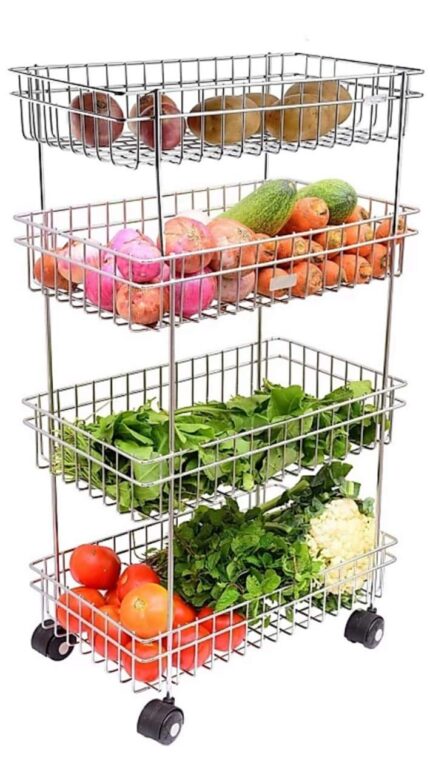 Privesh Stainless Steel Modern Kitchen Storage Rack Folding Perforated Design Trolley Spice Fruits and Vegetable Onion Potato Organizer Stand Trolley with Wheel Kitchen Trolley...