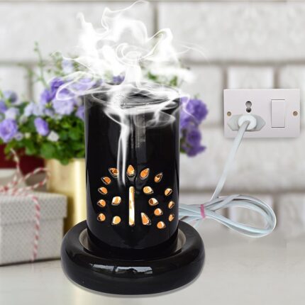 Pure Source India Ceramic Electric Aroma Oil Diffuser, Handcrafted 8.5 inch Electric Scent Diffuser, Essential Oils for Diffuser Humidifier for Home (Black)