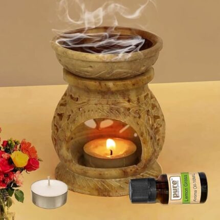 Pure Source India Handcrafted Soapstone Oil Diffuser with Floral Carving (Free 2 Tea Light Candles & 10 ml Lemon Grass Aroma Oil)