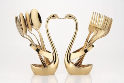 ROSTON Cutlery Set Stainless Steel Gold Premium Spoon Set Luxury Dinning tabelware Gift for House Warming (6PCS Fork and Stand)