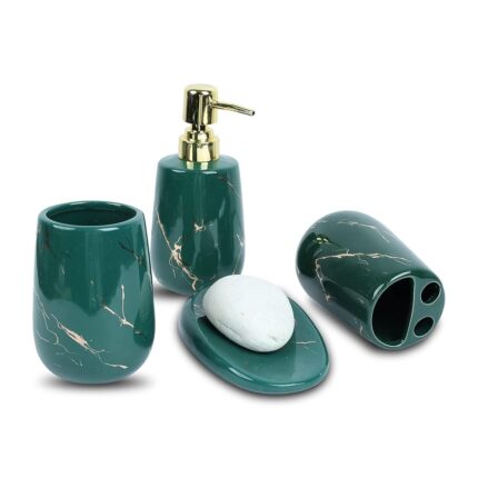 ROYALE MAISON Ornate Bathroom Accessory Setof 4, Modern Bath Set with Liquid Soap Dispenser and Toothbrush Holder, Bathroom Accessory Set Gift Items for Home (Green & Gold)