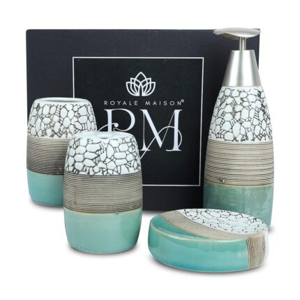 ROYALE MAISON Stone Edge Ceramic Bathroom Accessories Set of 4, Modern Ceramic Bath Set with Liquid Soap Dispenser and Toothbrush Holder, Bathroom Accessory Set Gift Items for Home