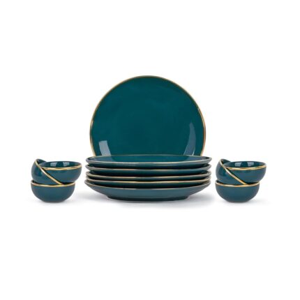 Shay Ceramic Dinner Set, 12 Pcs, Teal Gold | Shay Goldline Series | Crockery Set for Dining Table | Dining Sets Crockery Items | Glossy Finish | Premium Ceramic (Teal Gold, 12...