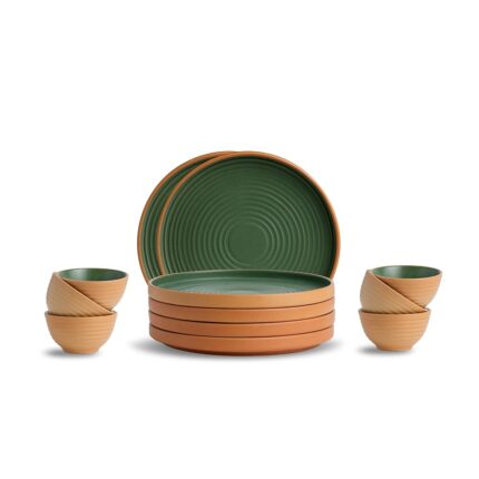 Shay Ceramic Modern Dinner Set, 12 Pcs, Klay Green | Crockery Set | Ceramic Plate Set | Matte Finish | Plates and Bowls (Klay Dinner Set - Green, 12 Piece)