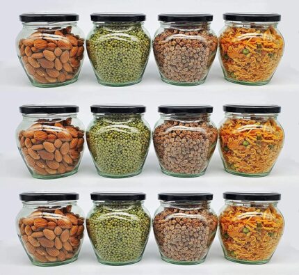 SITOVI Transparent Glass Jar and Container Air Tight Black Lid for Kitchen 400 ml Mataki Glass Jar with Airtight Metal Lid Pack of (6)