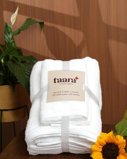 taara LUXURY BATH Towel Set, 700 GSM Cotton, 2 Bath and 2 Hand Towels, Super Soft (White)