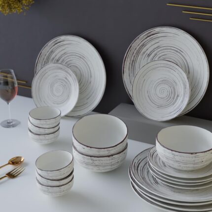 The Earth Store Handcrafted Brown Spiral Ceramic Dinner Set, 21 Pieces Serving for 6, Microwave and Dishwasher Safe, Bone-Ash Free, Crockery Set for Dining and Gifting