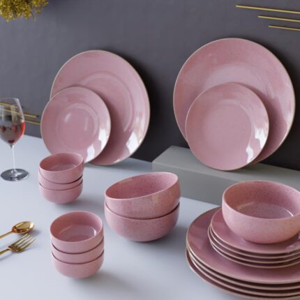 The Earth Store Handcrafted Pink Marble Ceramic Dinner Set, 21 Pieces Serving for 6, Microwave and Dishwasher Safe, Bone-Ash Free, Crockery Set for Dining and Gifting