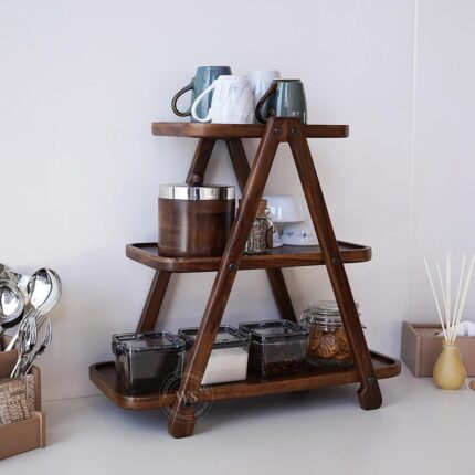 Wooden Street Saira 3 Tier Solid Wood Kitchen Rack, Multipurpose Wooden Storage Organizer, Grocery Rack (Teak Finish, 53X25X49 Cms, Diycountertop, Tiered Shelf)