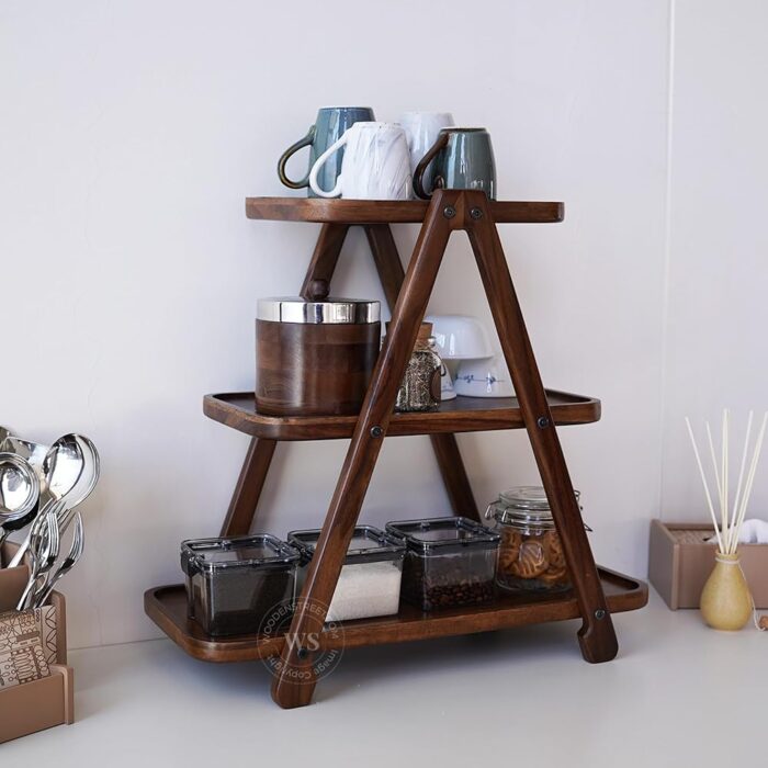 Wooden Street Saira 3 Tier Solid Wood Kitchen Rack, Multipurpose Wooden Storage Organizer, Grocery Rack (Teak Finish, 53X25X49 Cms, Diycountertop, Tiered Shelf)