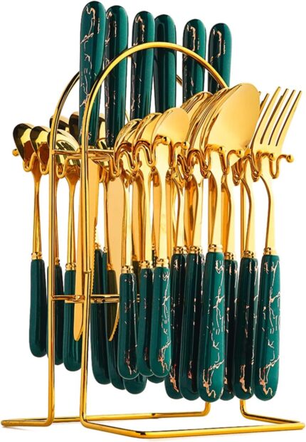 XieXie 24-Piece Gilded Stainless Steel Flatware Set Handle with Ceramic,Kitchen Utensil Tableware Cutlery Set Service for 6, Steak Cutlery Set for Home and Restaurant (Green)
